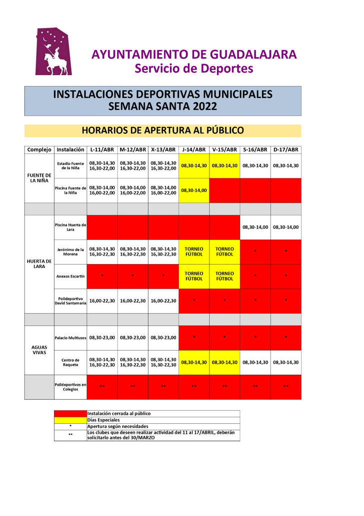 Horarios de apertura al público de las instalaciones deportivas municipales de Guadalajara durante los días de Semana Santa