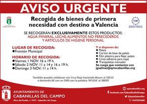 URGENTE: Llamamiento a la ciudadan&#237;a de Cabanillas para participar en una recogida de bienes de primera necesidad para Valencia