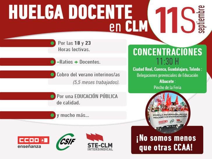 STE-CLM, CSIF y CCOO convocan una huelga del sector educativo en Guadalajara el 11 de septiembre