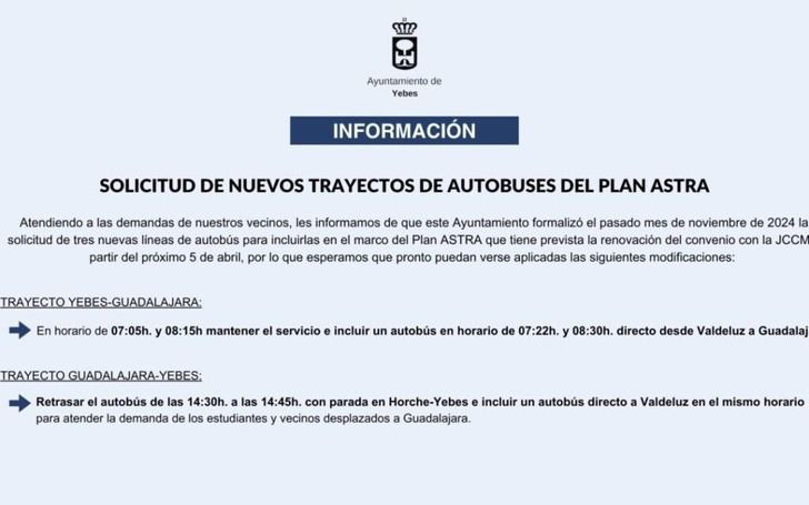 Nuevas líneas de autobús solicitadas en el Plan ASTRA para Yebes