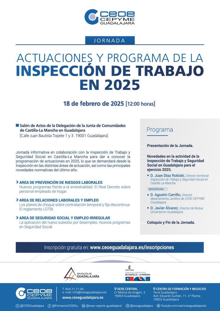 CEOE-CEPYME Guadalajara organiza la Jornada “Actuaciones y programa de la inspección de trabajo en 2025”