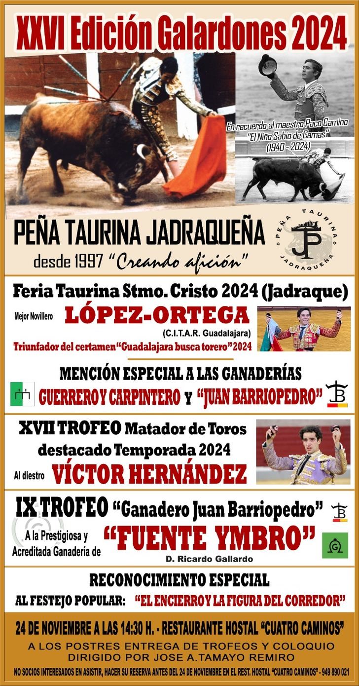 La peña taurina jadraqueña celebra este domingo su XXVI edición de galardones