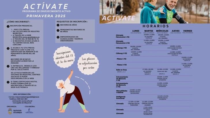 Inscripciones abiertas para el programa 'Actívate' de envejecimiento activo en Guadalajara